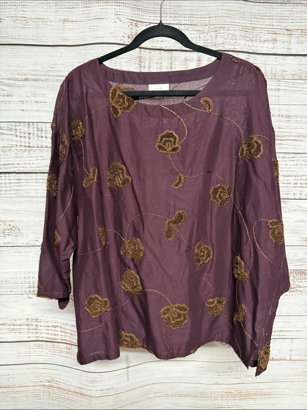 Pure Jill Womens Purple Floral Embroidered Top Lagenlook Boho Large